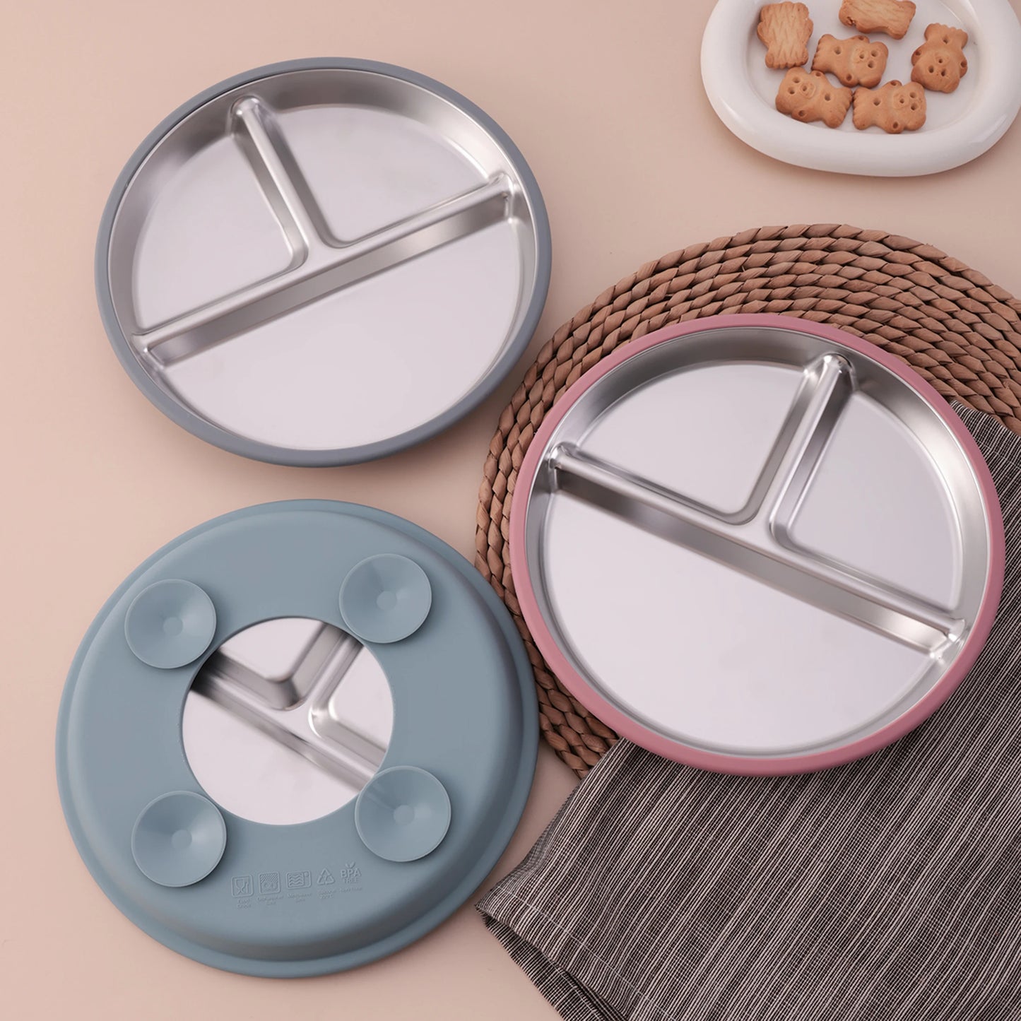Assiette en acier inoxydable avec ventouse