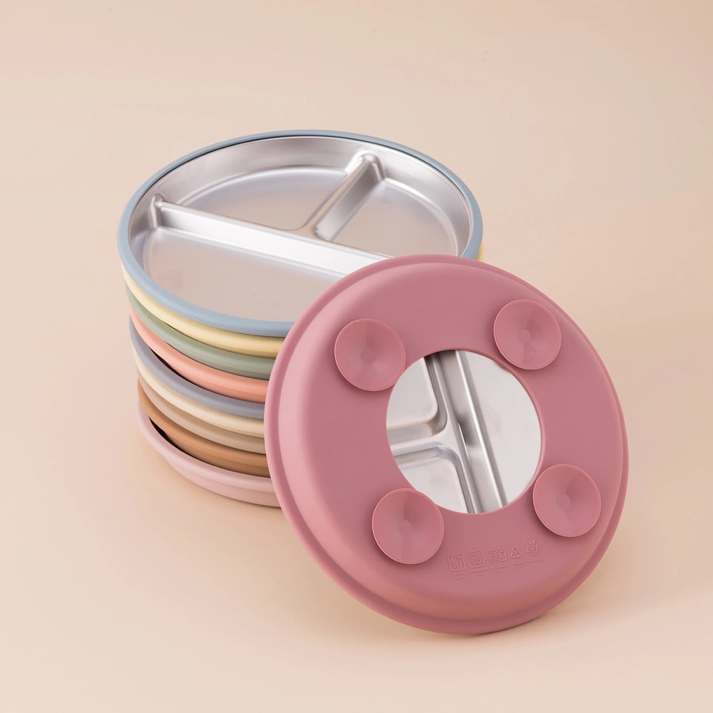Assiette en acier inoxydable avec ventouse