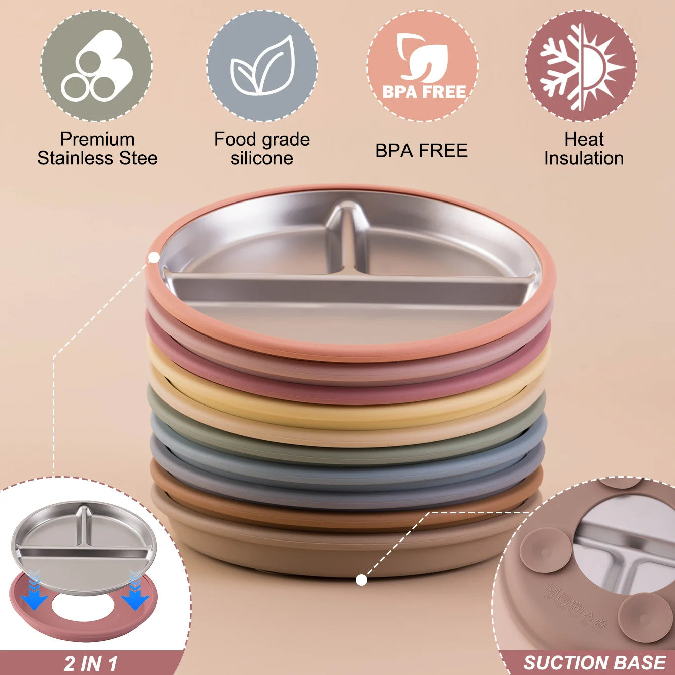 Assiette en acier inoxydable avec ventouse